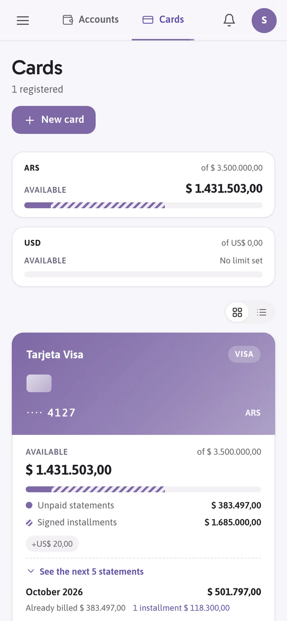 Budgy’s cards screen: the card’s available limit, what unpaid statements take up, and the installments already committed