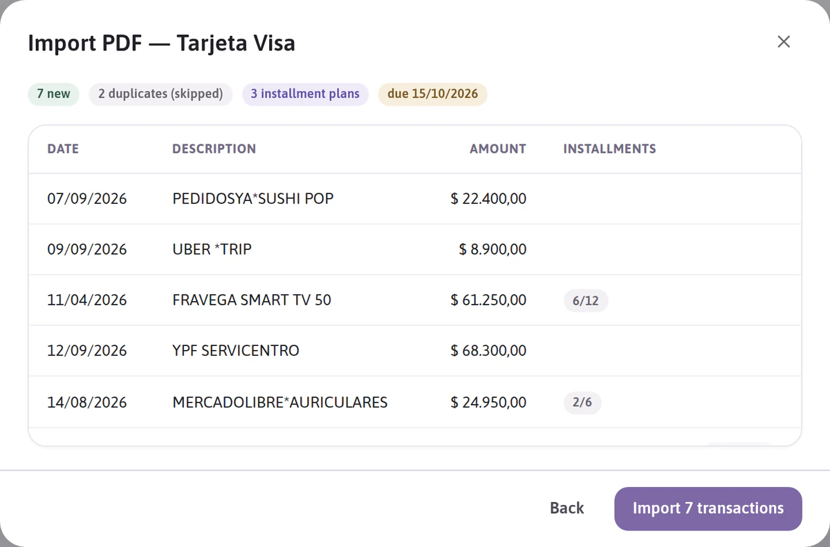 Preview of an imported statement: each transaction with its amount and installment, like “6/12”, and duplicates skipped