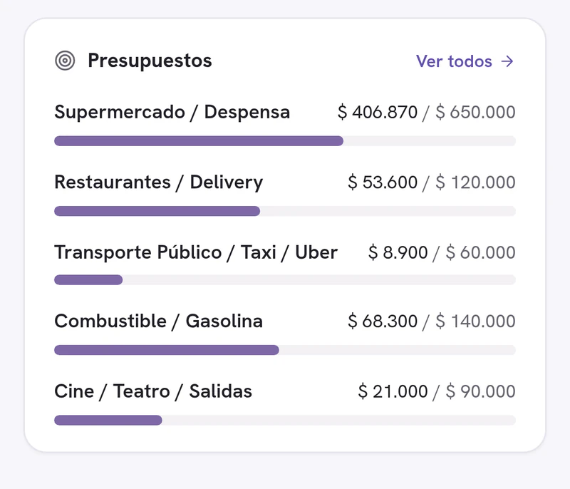 Presupuestos del mes por categoría, con lo gastado y el tope de cada uno