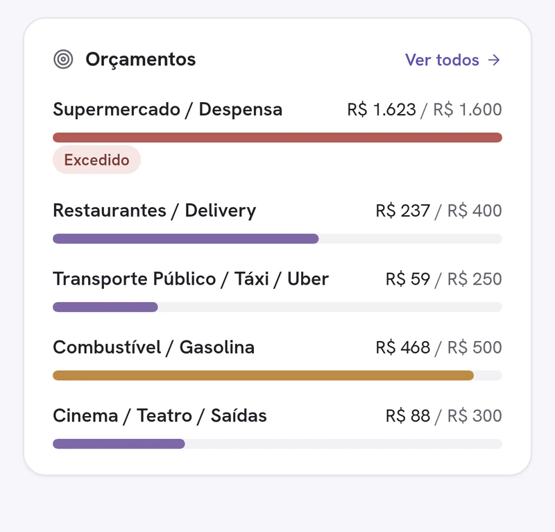 Orçamentos do mês por categoria, com o gasto e o teto de cada um